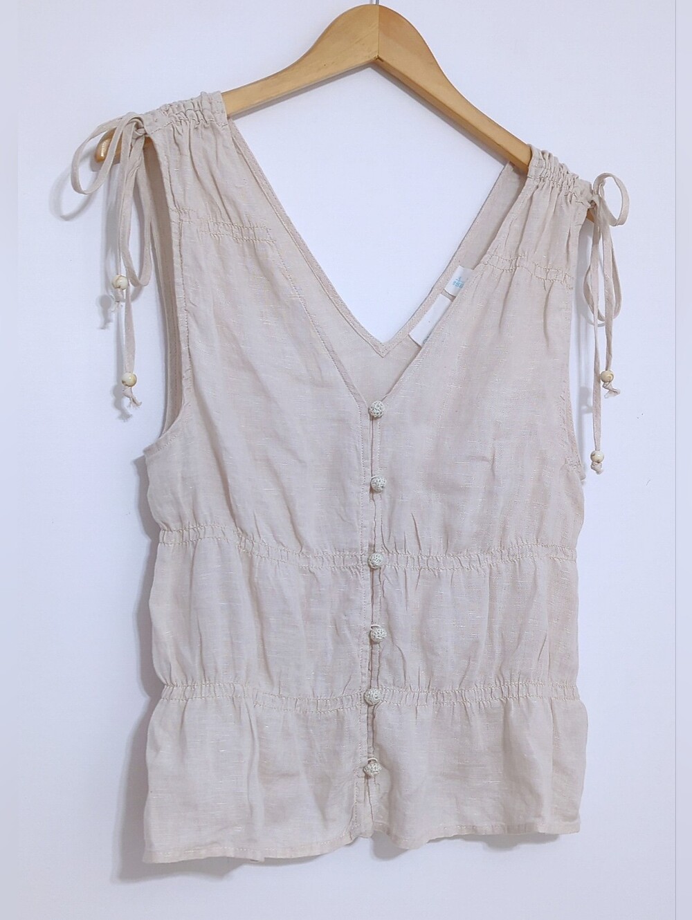 Cynthia Rowley Beige Linen Tassel Tie Shoulder Peplum Top Coastal Boho L - Picture 4 of 8